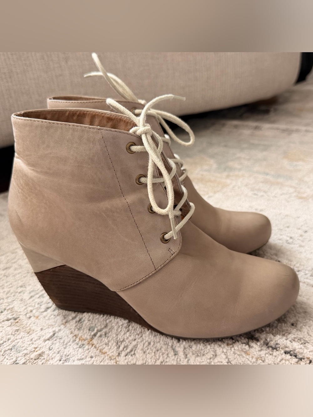 Miz Mooz Taupe Lace-Up Wedge Ankle Boots